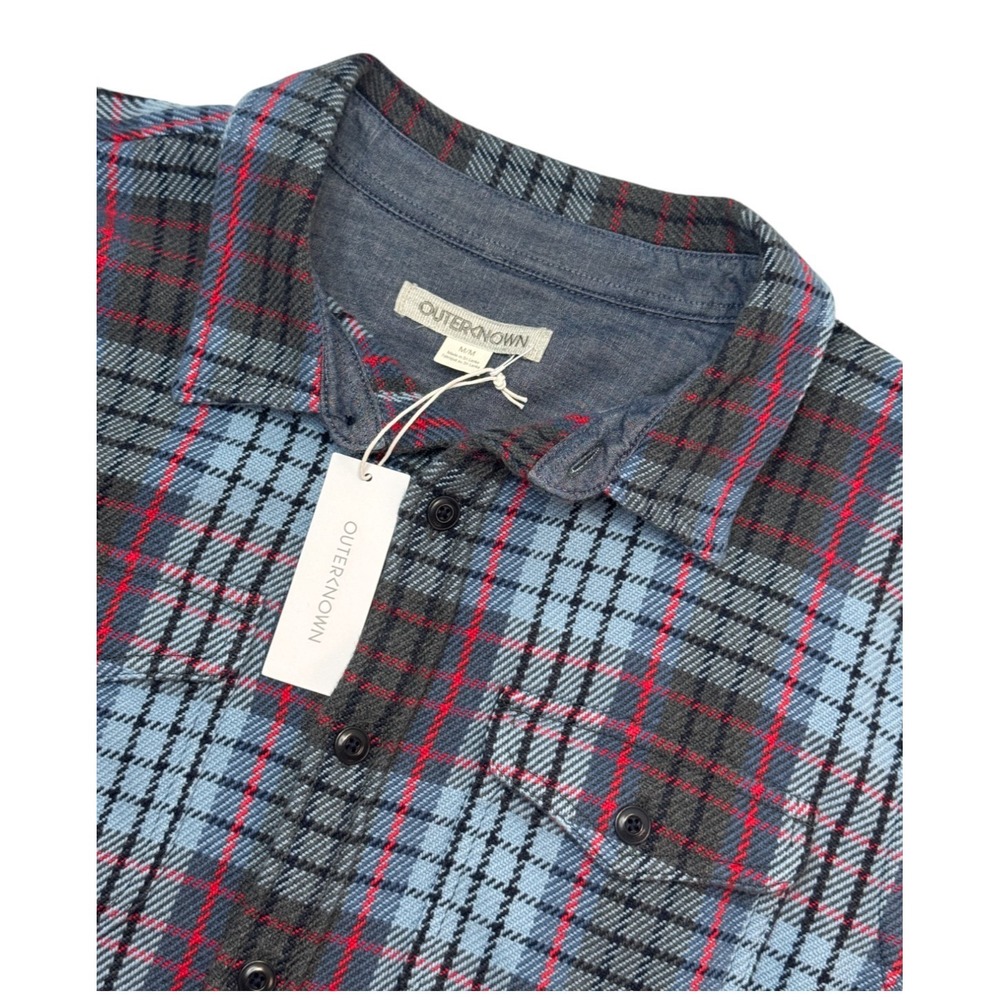 Outerknown Blue and Gray Plaid Button-Down Shirt with Red Trim